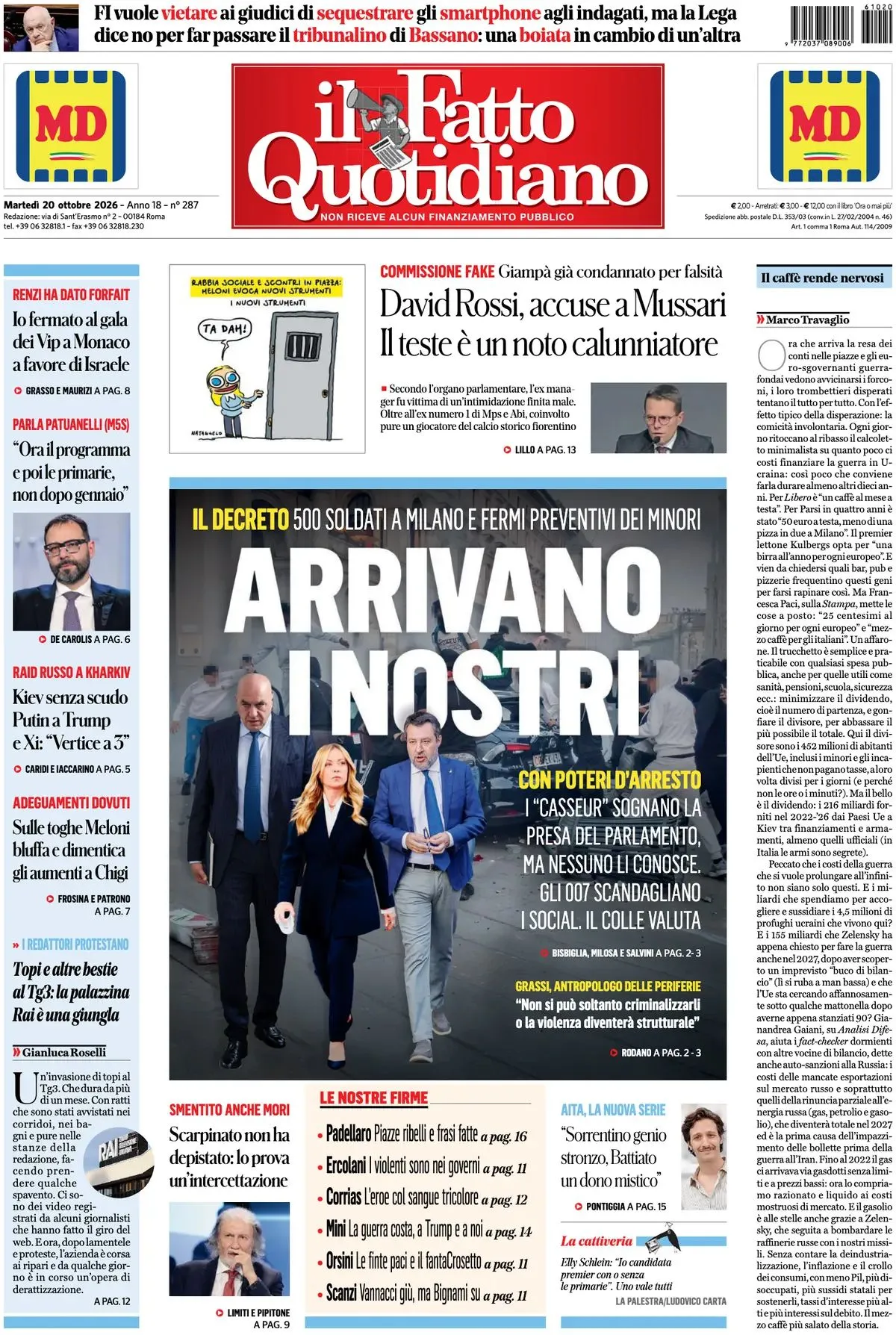 Prima-pagina-il-fatto-quotidiano-edizione-di-oggi-20-10-2026