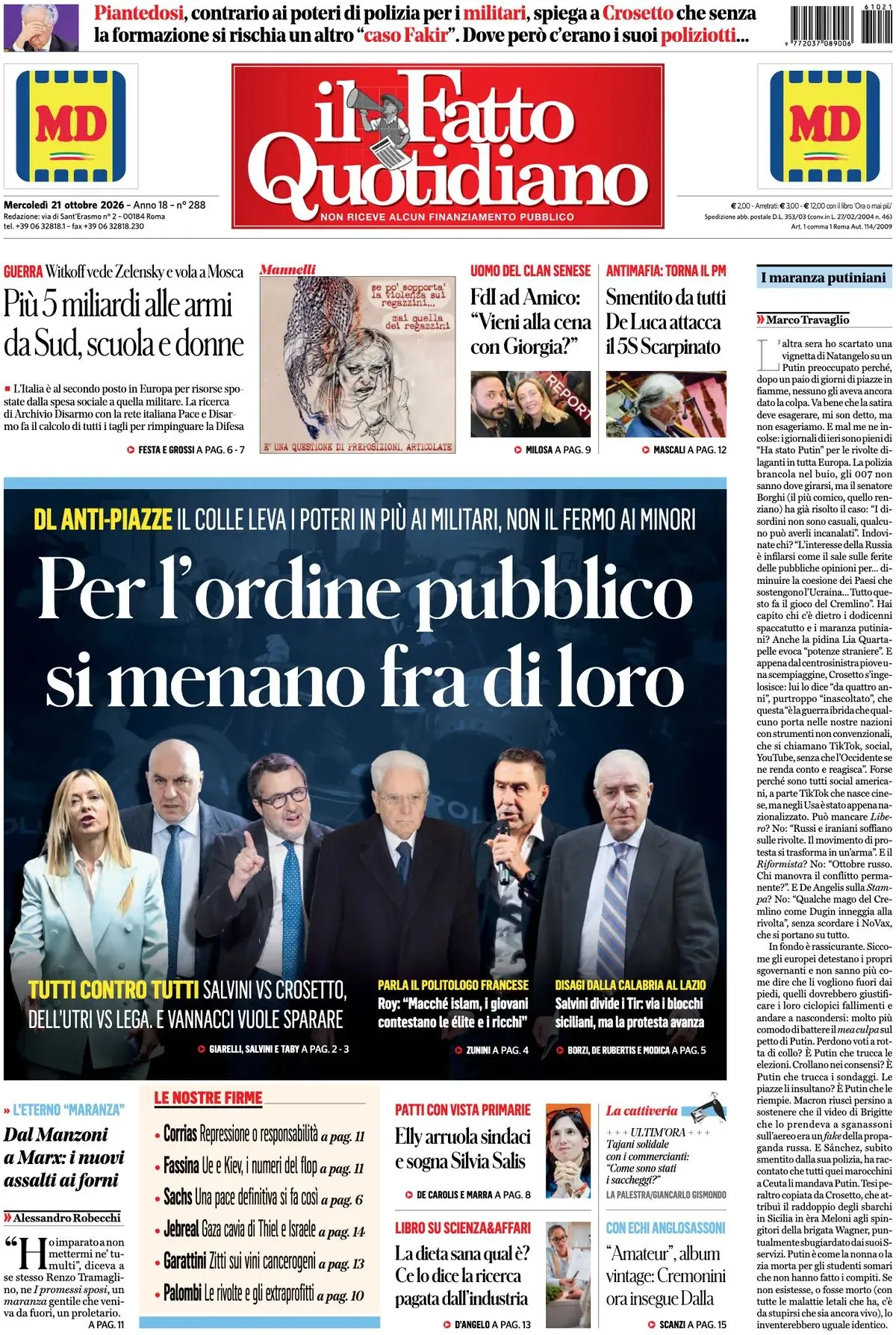 Prima-pagina-il-fatto-quotidiano-edizione-di-oggi-21-10-2026