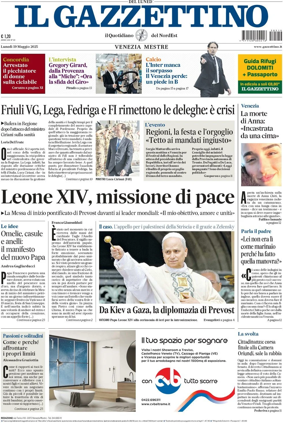Prima-pagina-il-gazzettino-edizione-di-oggi-19-05-2025
