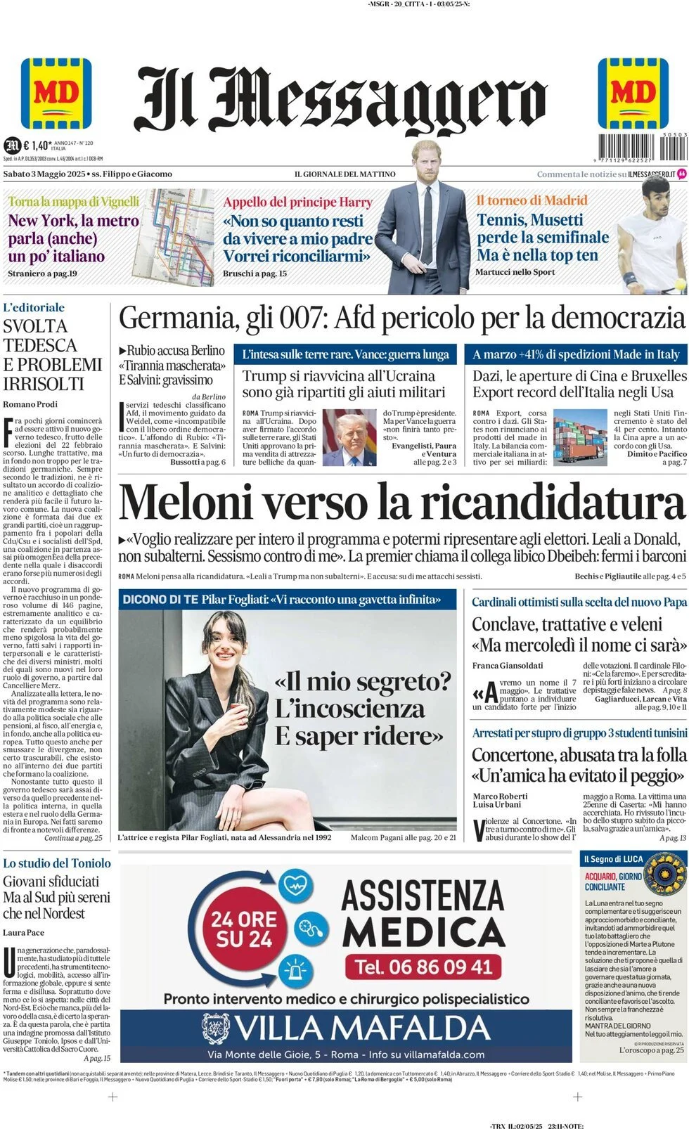 Prima-pagina-il-messaggero-edizione-di-oggi-03-05-2025