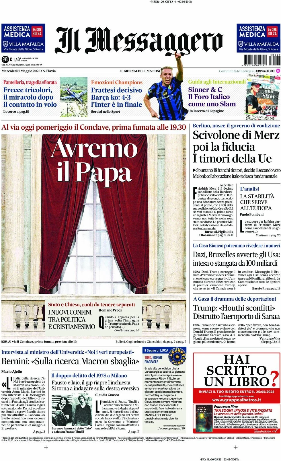 Prima-pagina-il-messaggero-edizione-di-oggi-07-05-2025