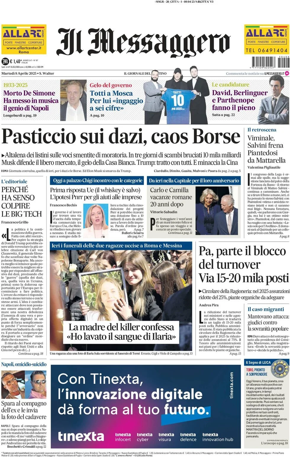 Prima-pagina-il-messaggero-edizione-di-oggi-08-04-2025