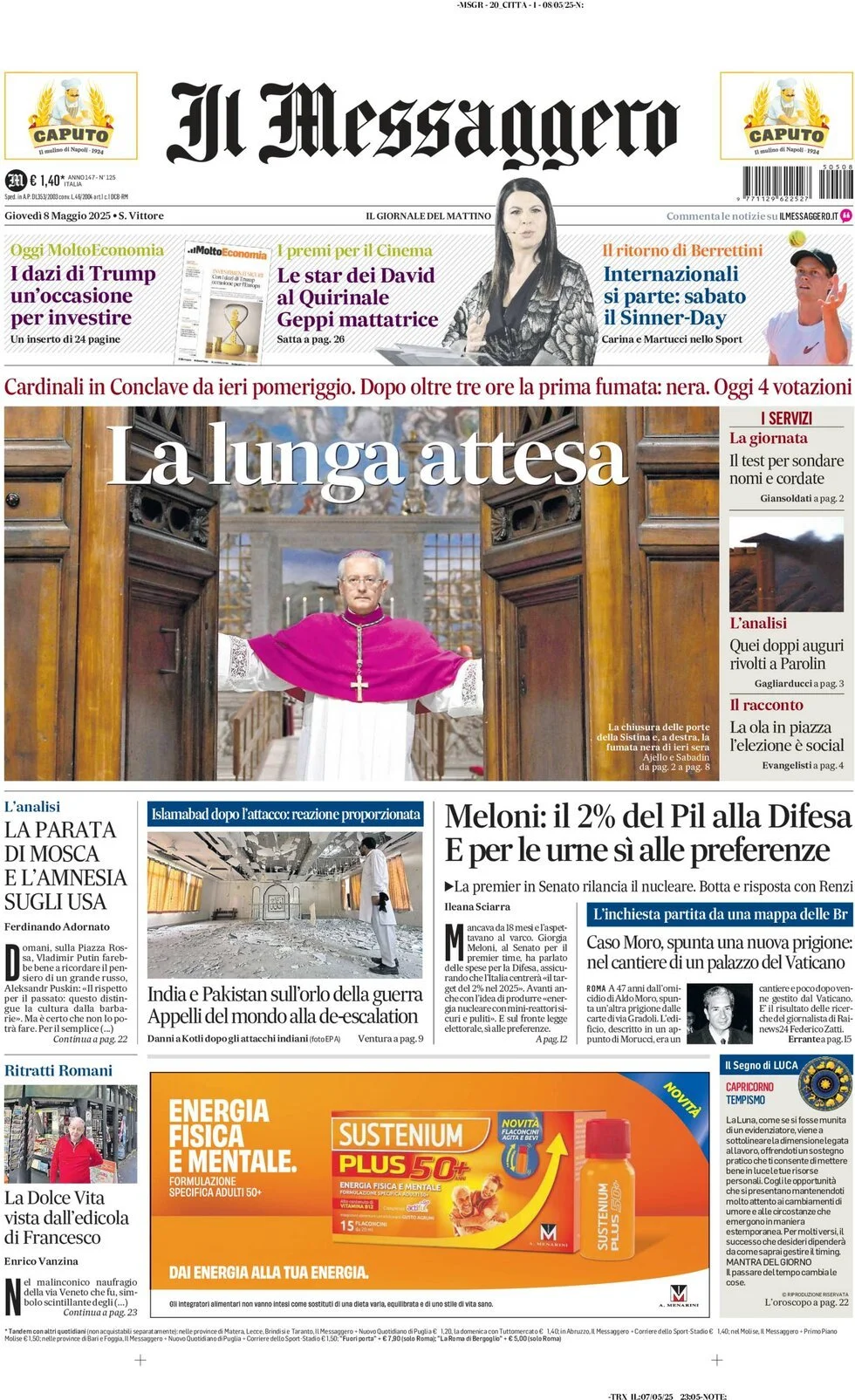 Prima-pagina-il-messaggero-edizione-di-oggi-08-05-2025