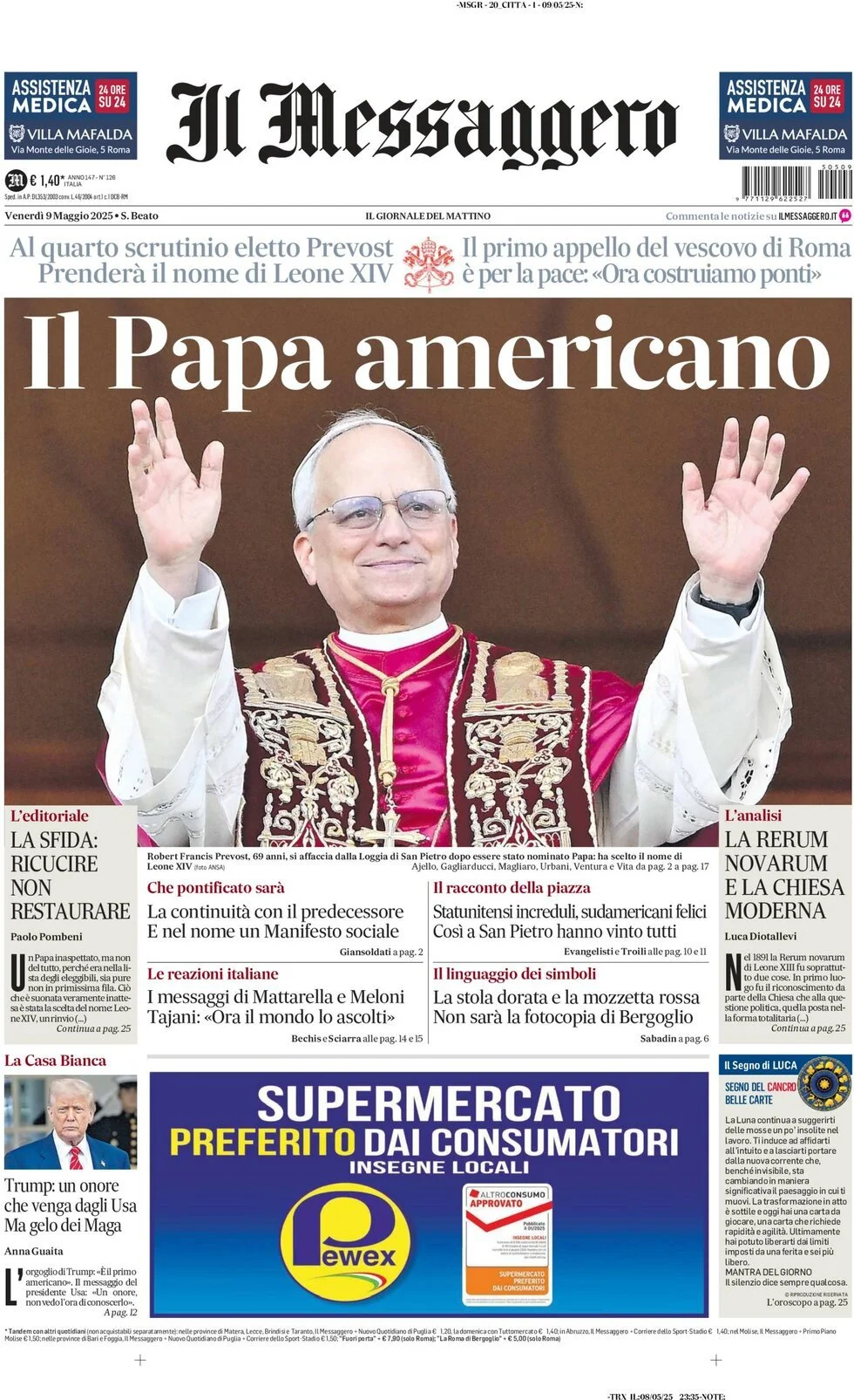 Prima-pagina-il-messaggero-edizione-di-oggi-09-05-2025