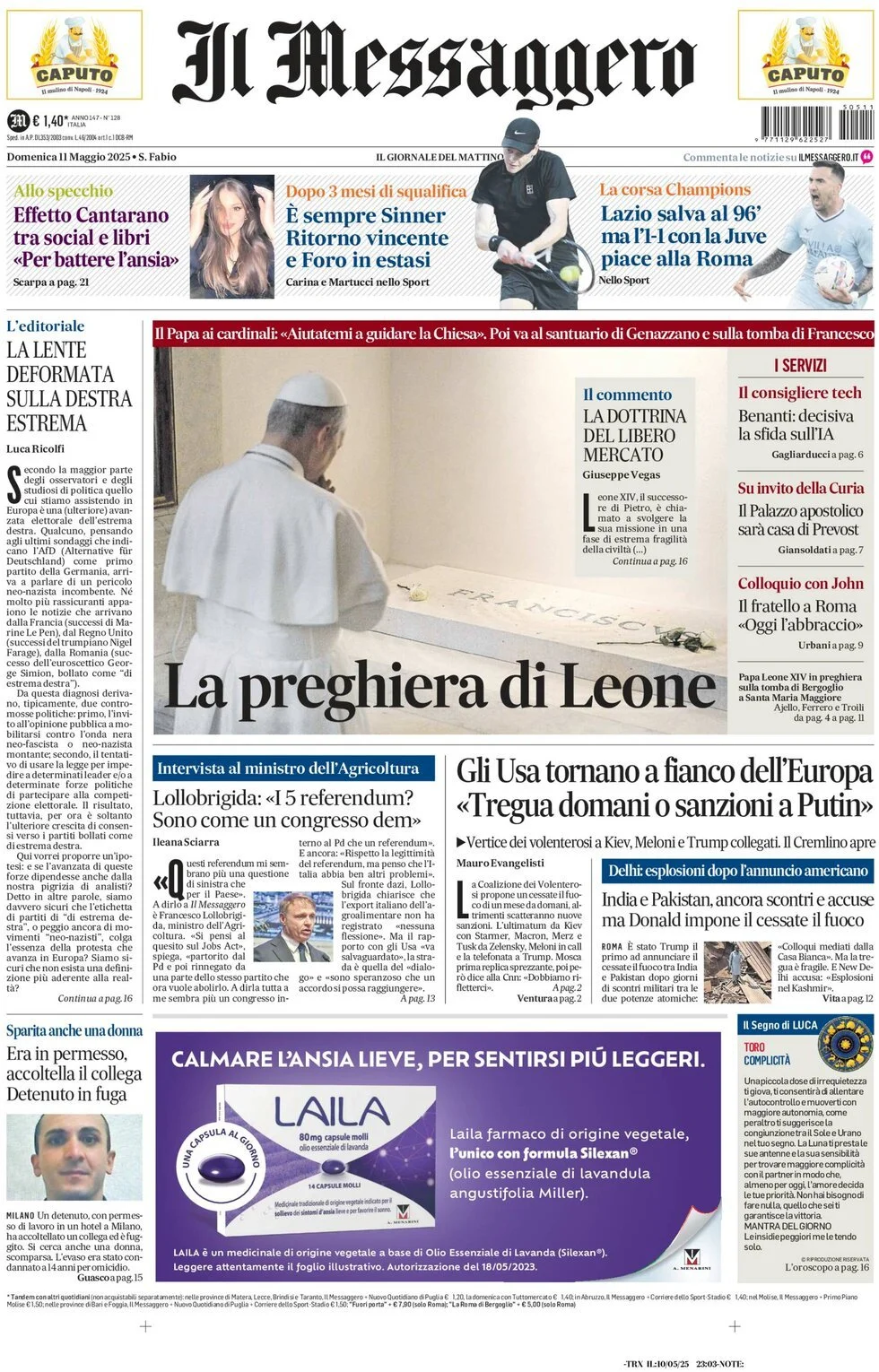 Prima-pagina-il-messaggero-edizione-di-oggi-11-05-2025