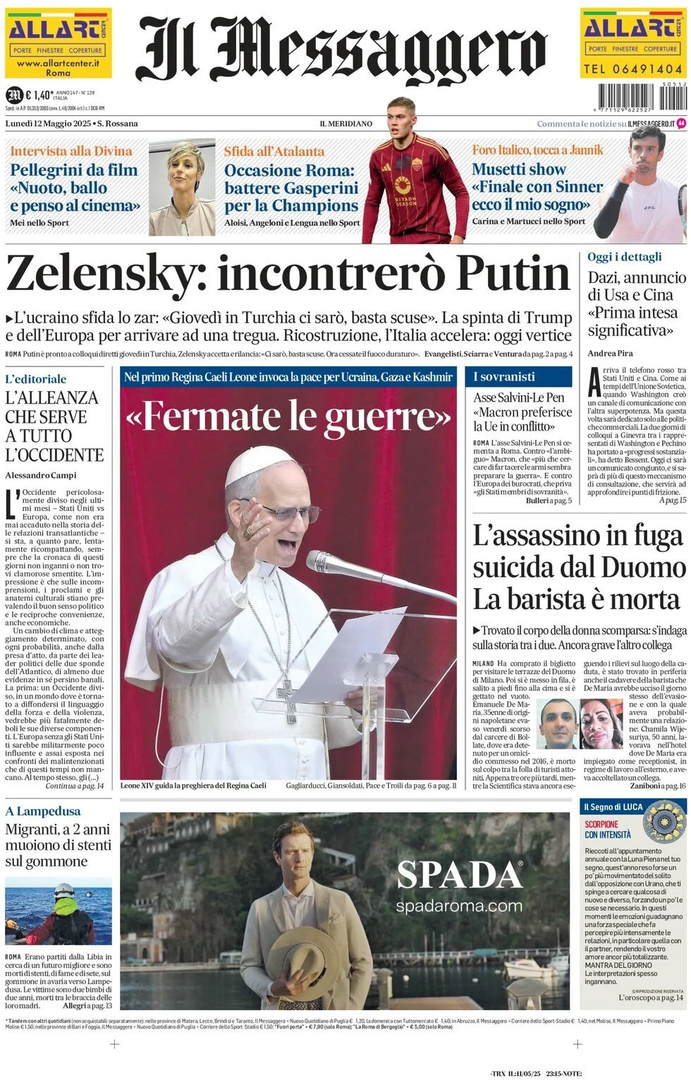 Prima-pagina-il-messaggero-edizione-di-oggi-12-05-2025