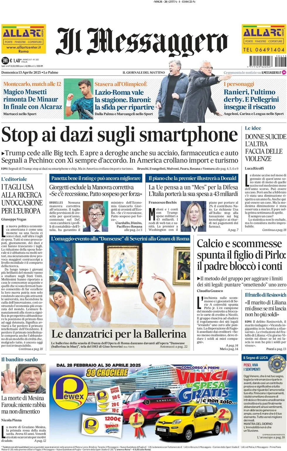 Prima-pagina-il-messaggero-edizione-di-oggi-13-04-2025