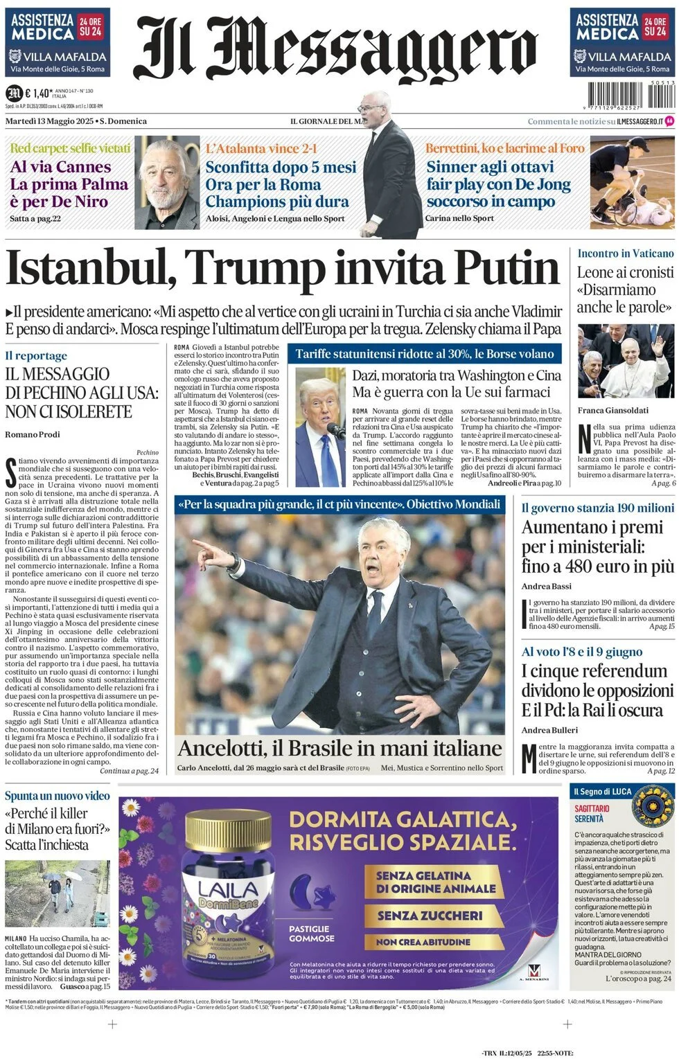 Prima-pagina-il-messaggero-edizione-di-oggi-13-05-2025