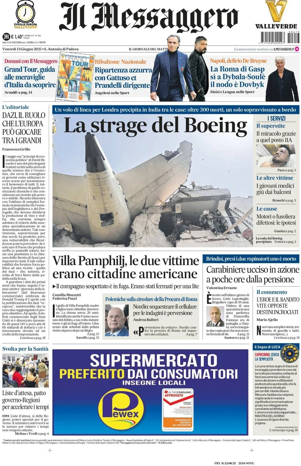 Prima-pagina-il-messaggero-edizione-di-oggi-13-06-2025