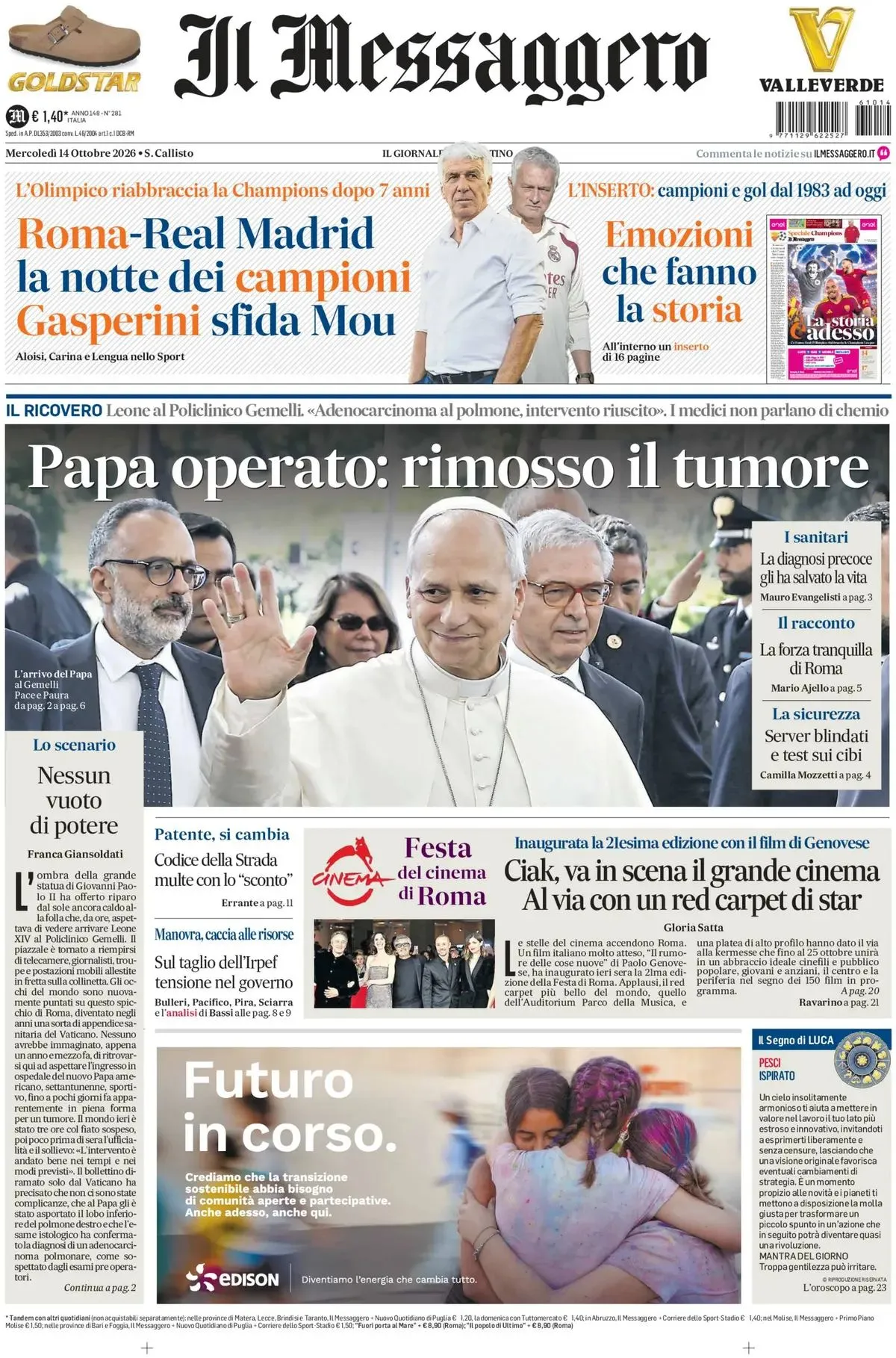 Prima-pagina-il-messaggero-edizione-di-oggi-14-10-2026