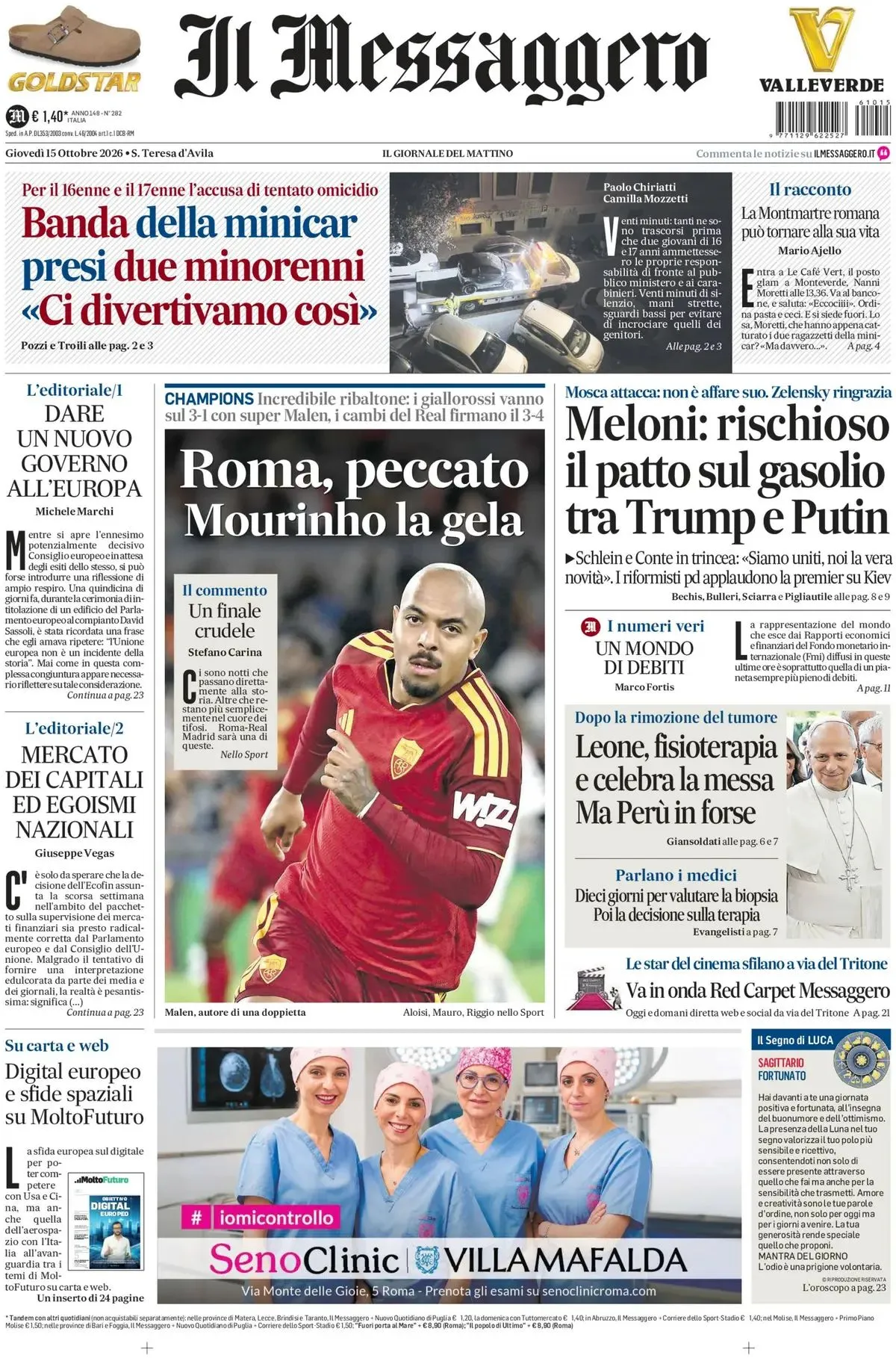 Prima-pagina-il-messaggero-edizione-di-oggi-15-10-2026