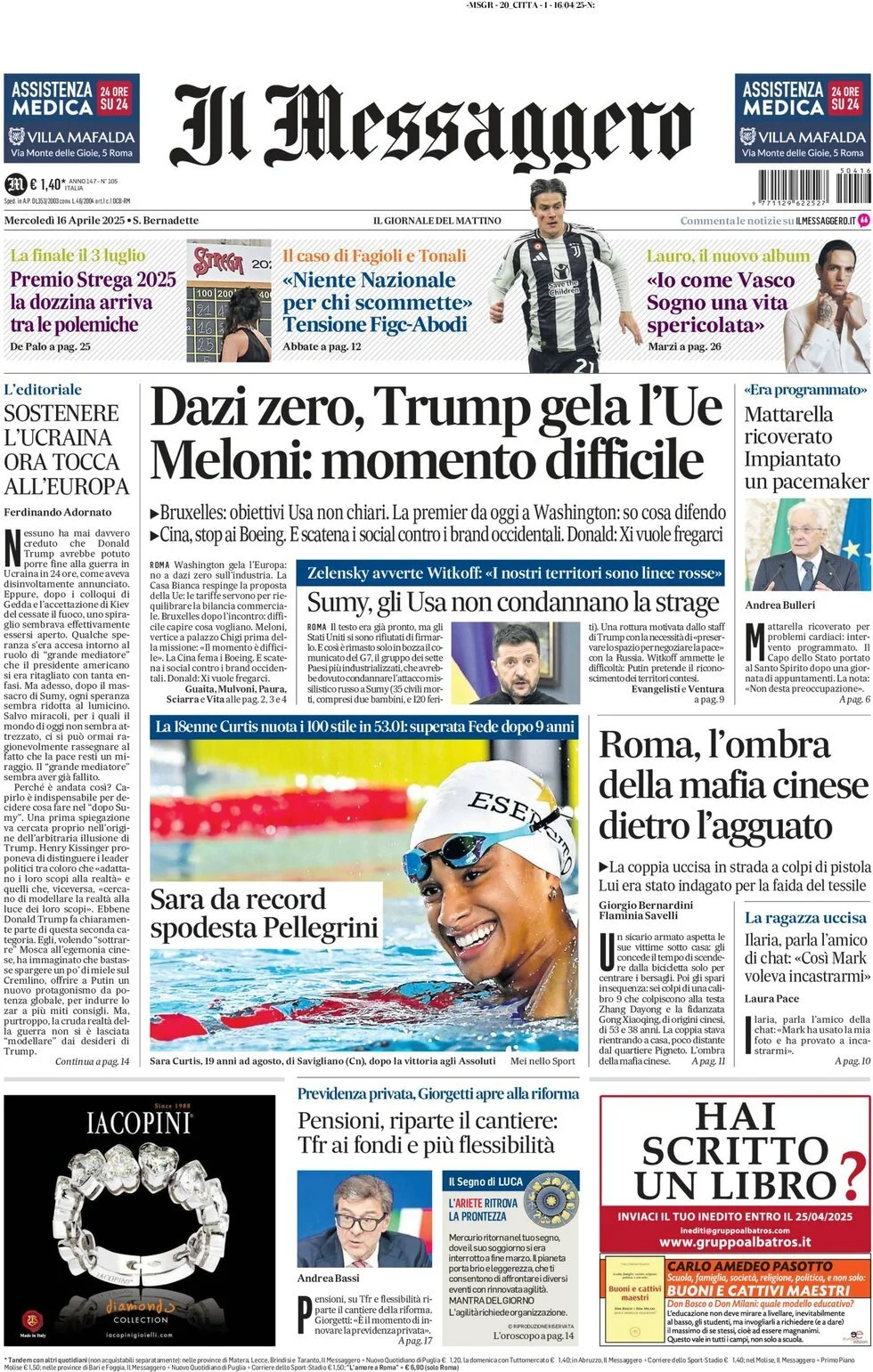 Prima-pagina-il-messaggero-edizione-di-oggi-16-04-2025
