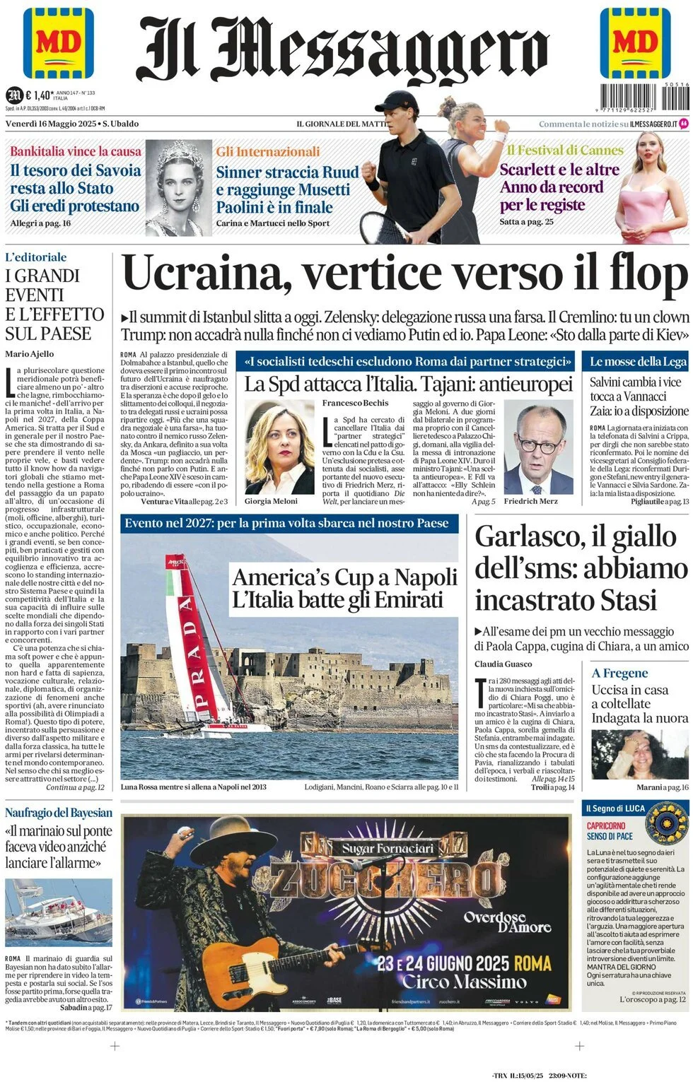 Prima-pagina-il-messaggero-edizione-di-oggi-16-05-2025