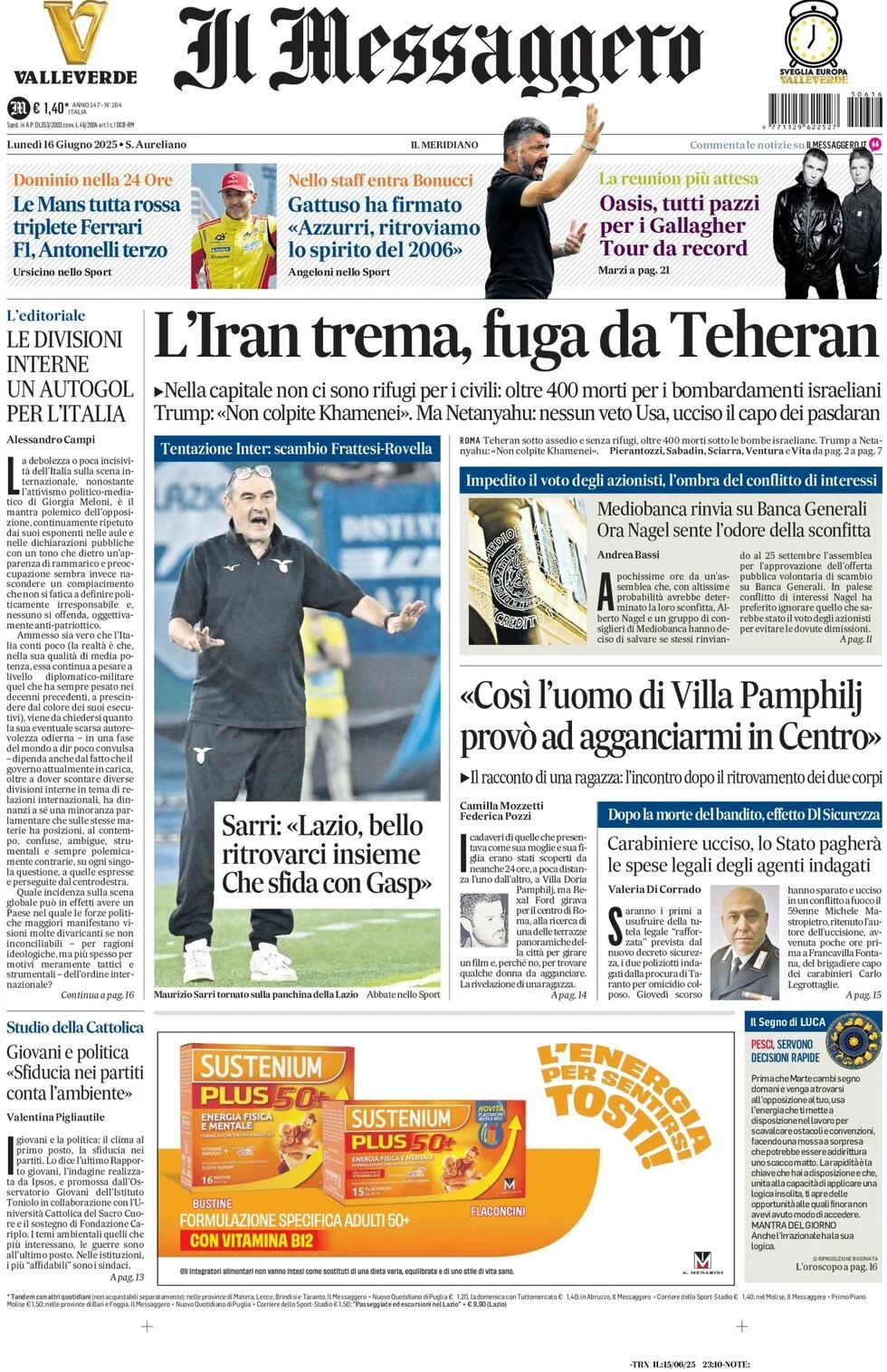 Prima-pagina-il-messaggero-edizione-di-oggi-16-06-2025