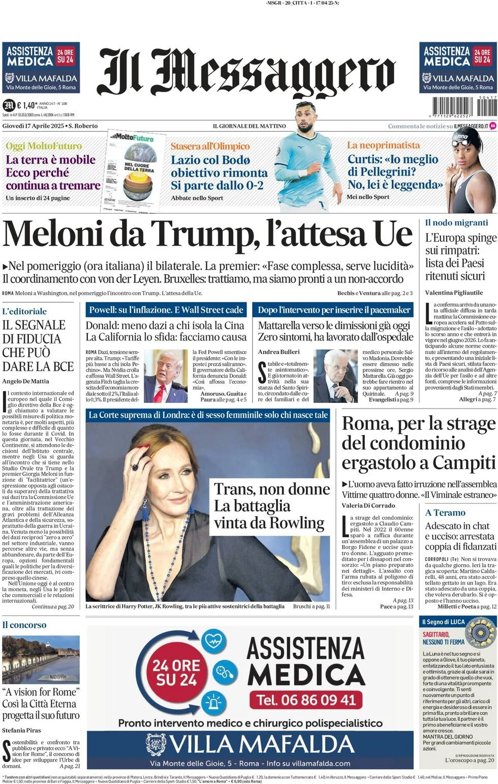 Prima-pagina-il-messaggero-edizione-di-oggi-17-04-2025