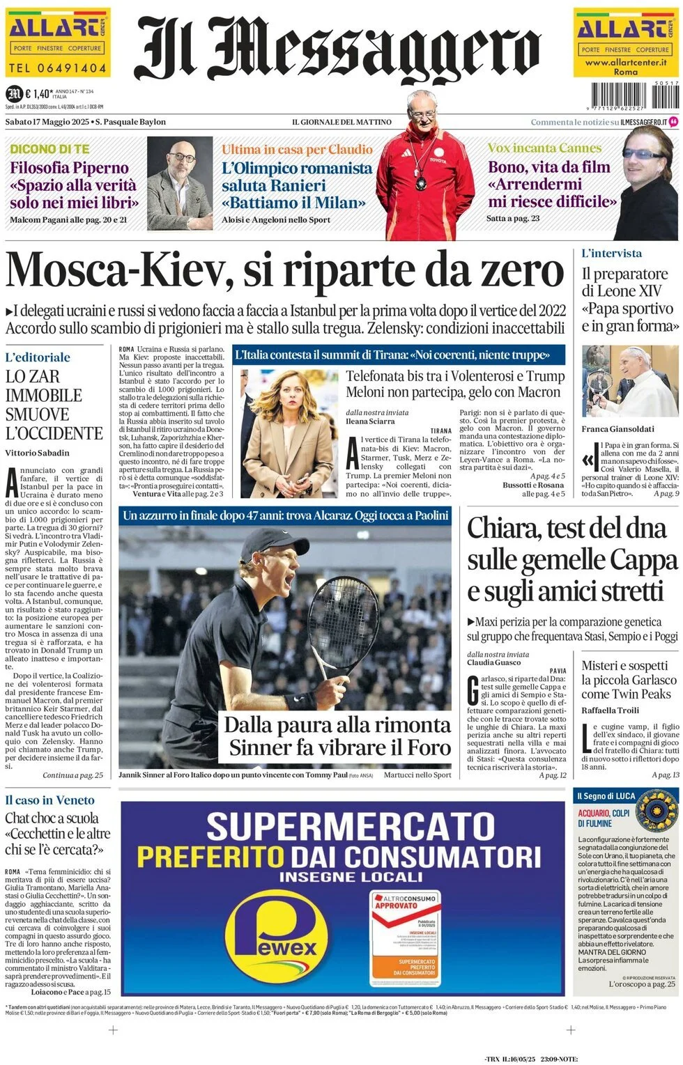 Prima-pagina-il-messaggero-edizione-di-oggi-17-05-2025