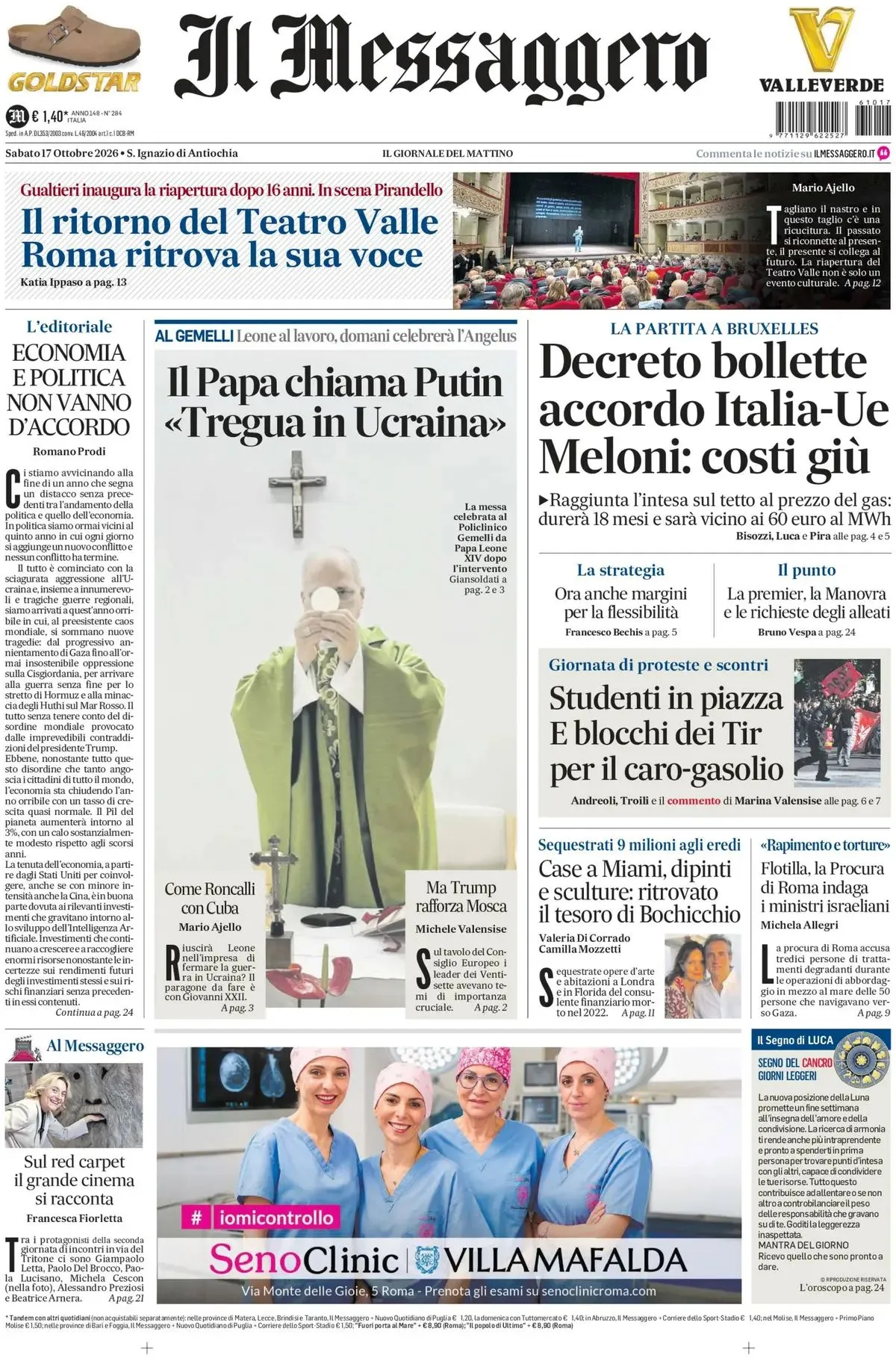 Prima-pagina-il-messaggero-edizione-di-oggi-17-10-2026