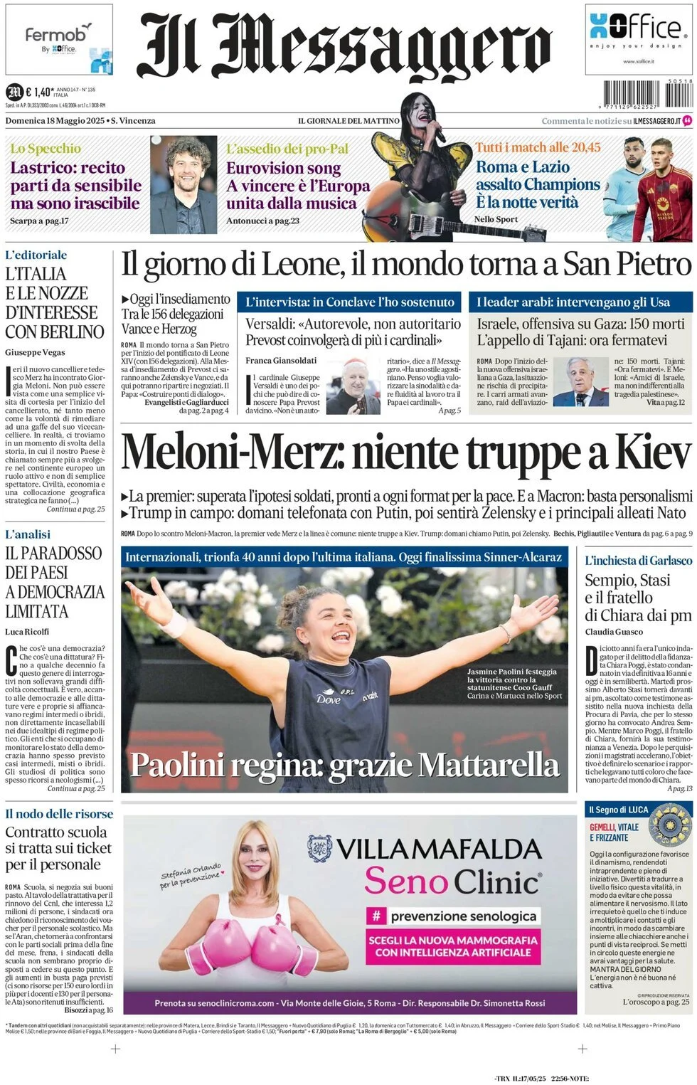 Prima-pagina-il-messaggero-edizione-di-oggi-18-05-2025