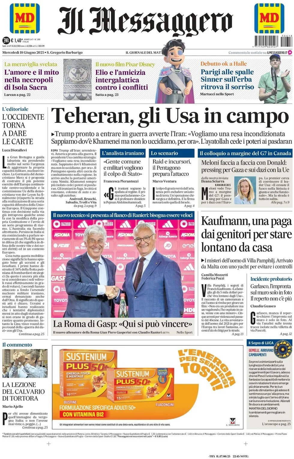 Prima-pagina-il-messaggero-edizione-di-oggi-18-06-2025