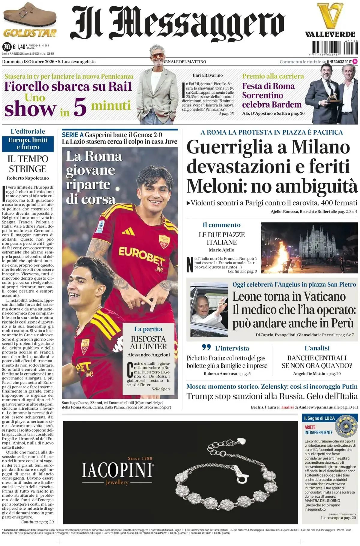 Prima-pagina-il-messaggero-edizione-di-oggi-18-10-2026