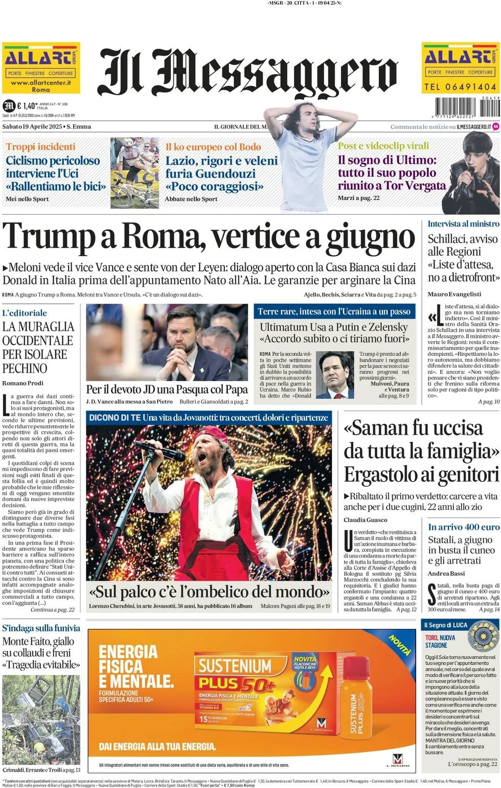 Prima-pagina-il-messaggero-edizione-di-oggi-19-04-2025