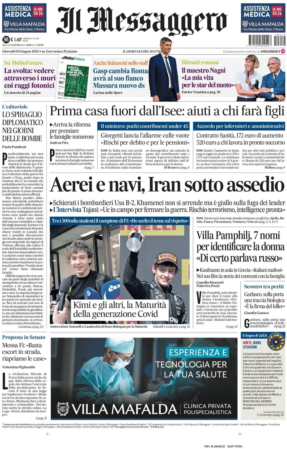 Prima-pagina-il-messaggero-edizione-di-oggi-19-06-2025