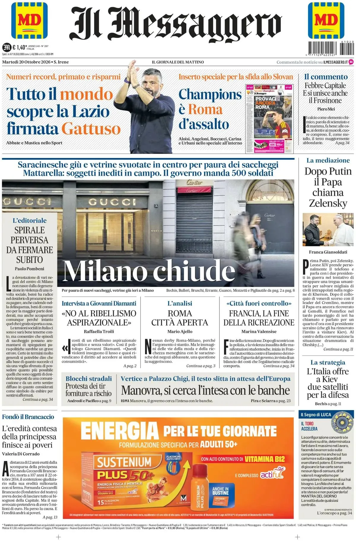 Prima-pagina-il-messaggero-edizione-di-oggi-20-10-2026