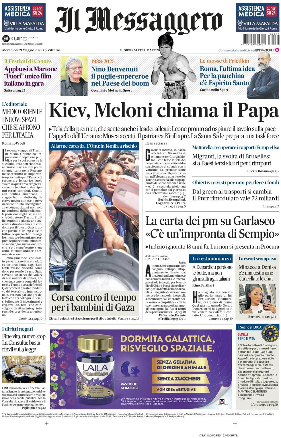 Prima-pagina-il-messaggero-edizione-di-oggi-21-05-2025