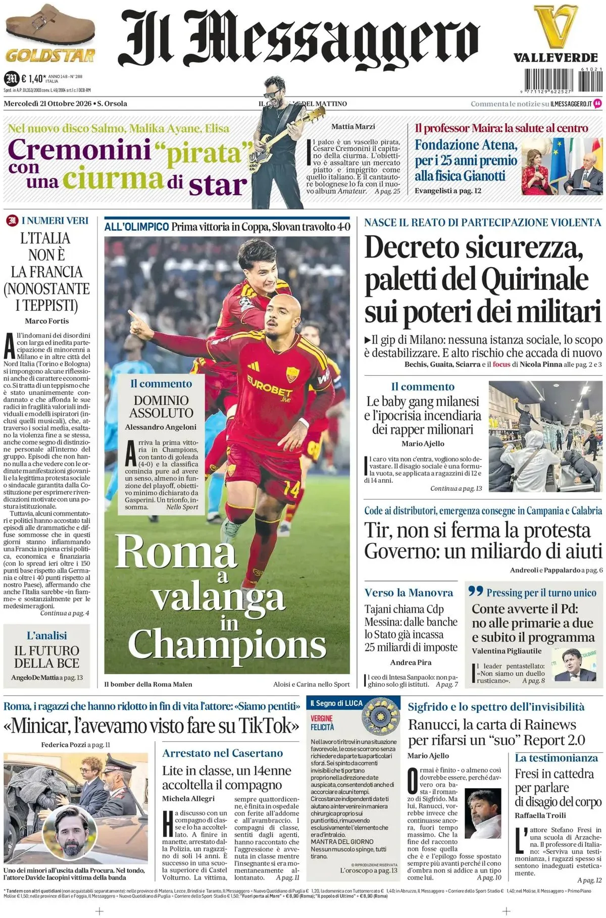Prima-pagina-il-messaggero-edizione-di-oggi-21-10-2026