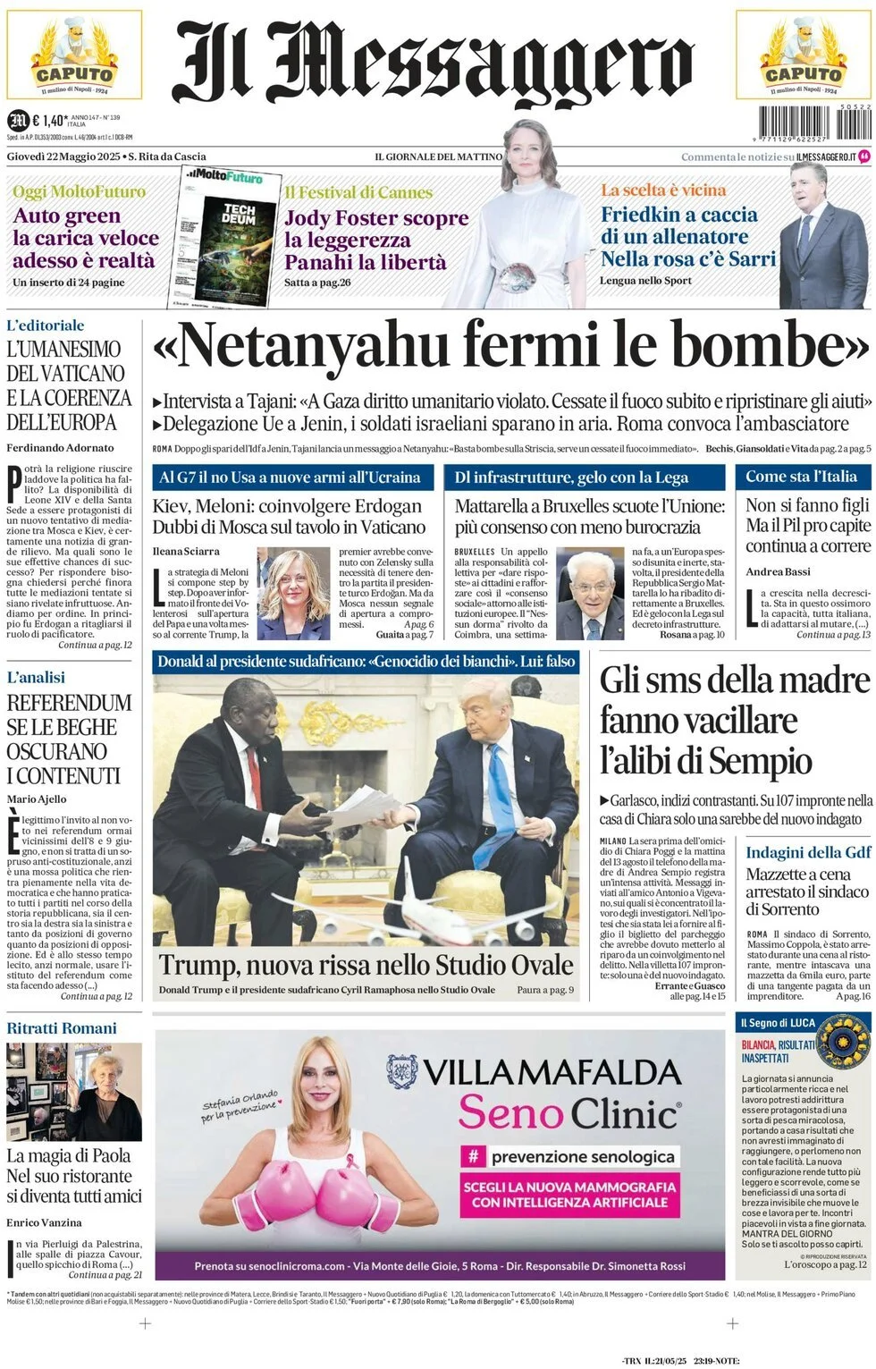 Prima-pagina-il-messaggero-edizione-di-oggi-22-05-2025