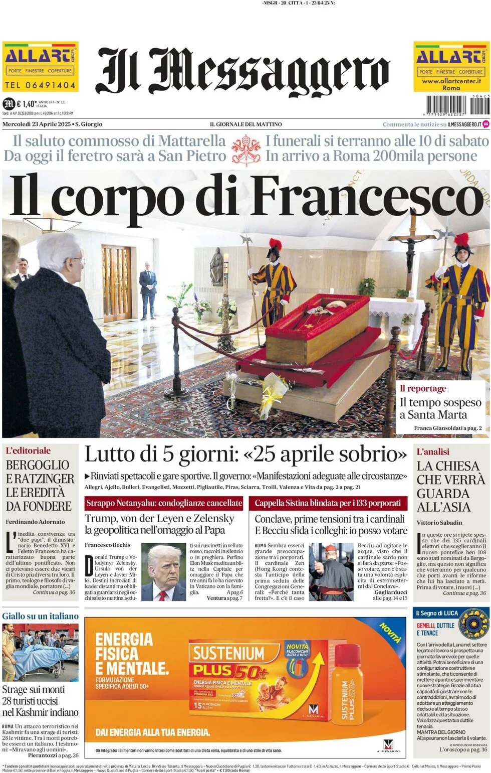 Prima-pagina-il-messaggero-edizione-di-oggi-23-04-2025