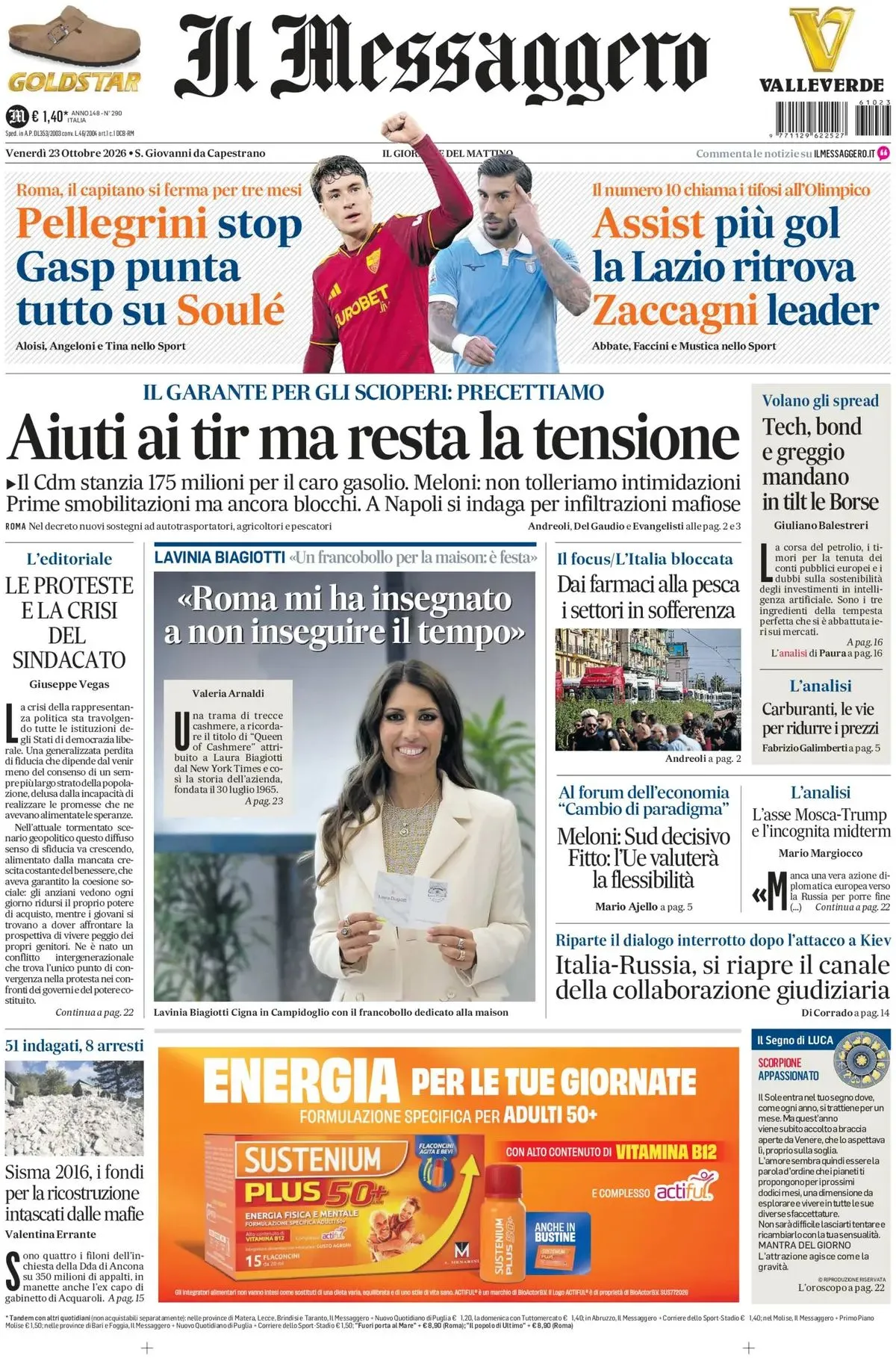 Prima-pagina-il-messaggero-edizione-di-oggi-23-10-2026