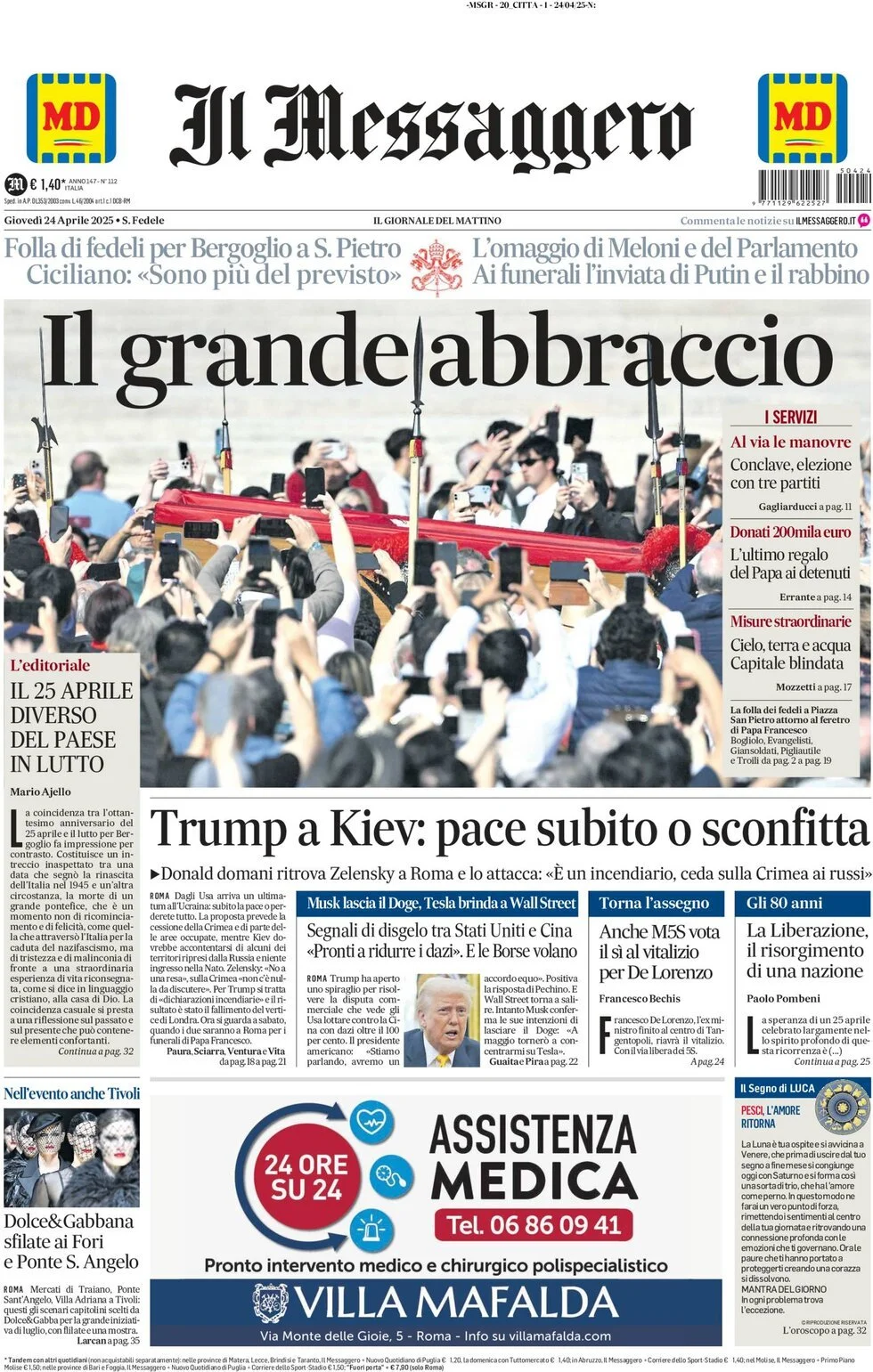 Prima-pagina-il-messaggero-edizione-di-oggi-24-04-2025