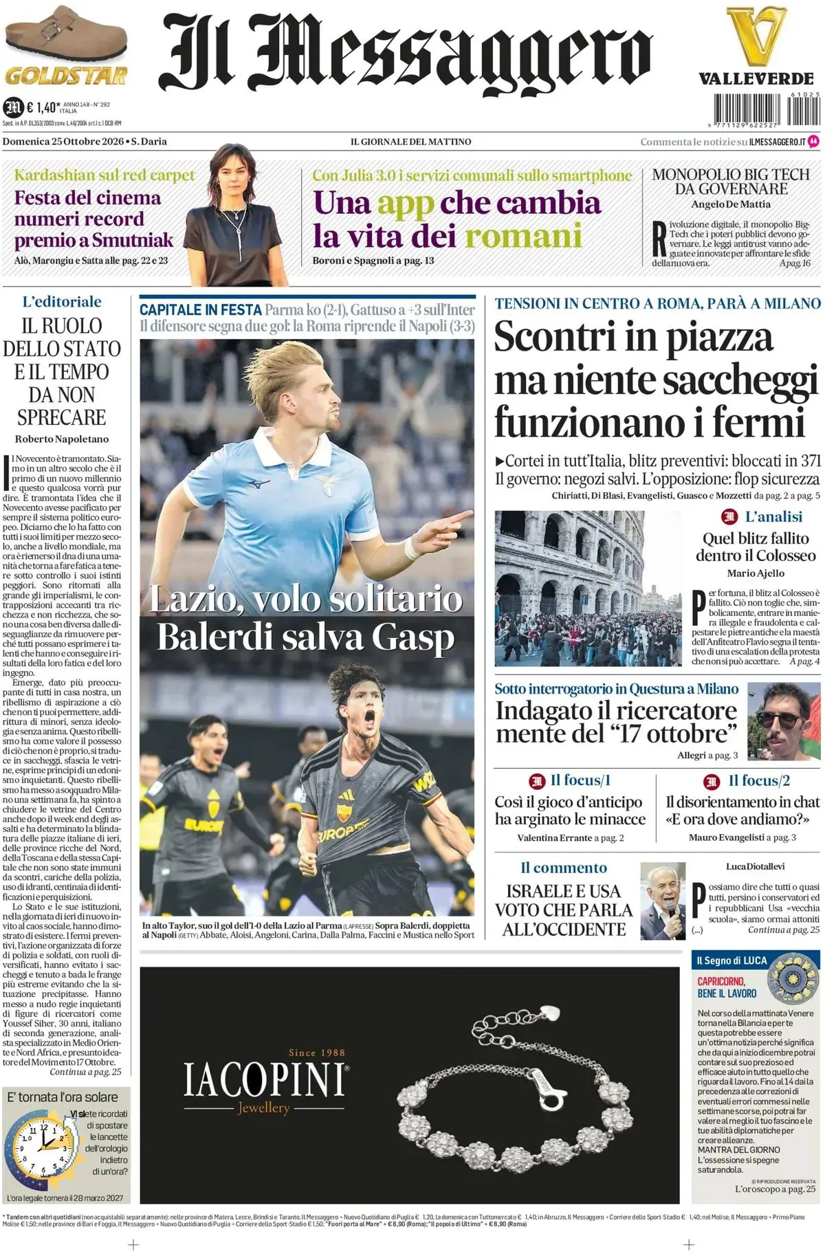 Prima-pagina-il-messaggero-edizione-di-oggi-25-10-2026
