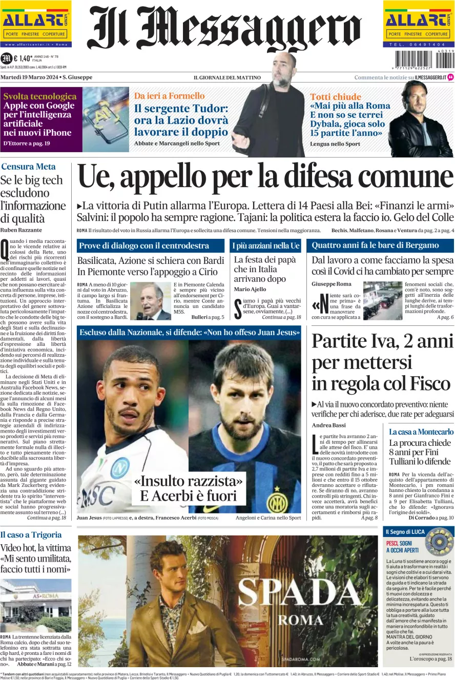 Prima-pagina-il-messaggero-edizione-di-oggi-19-03-2024