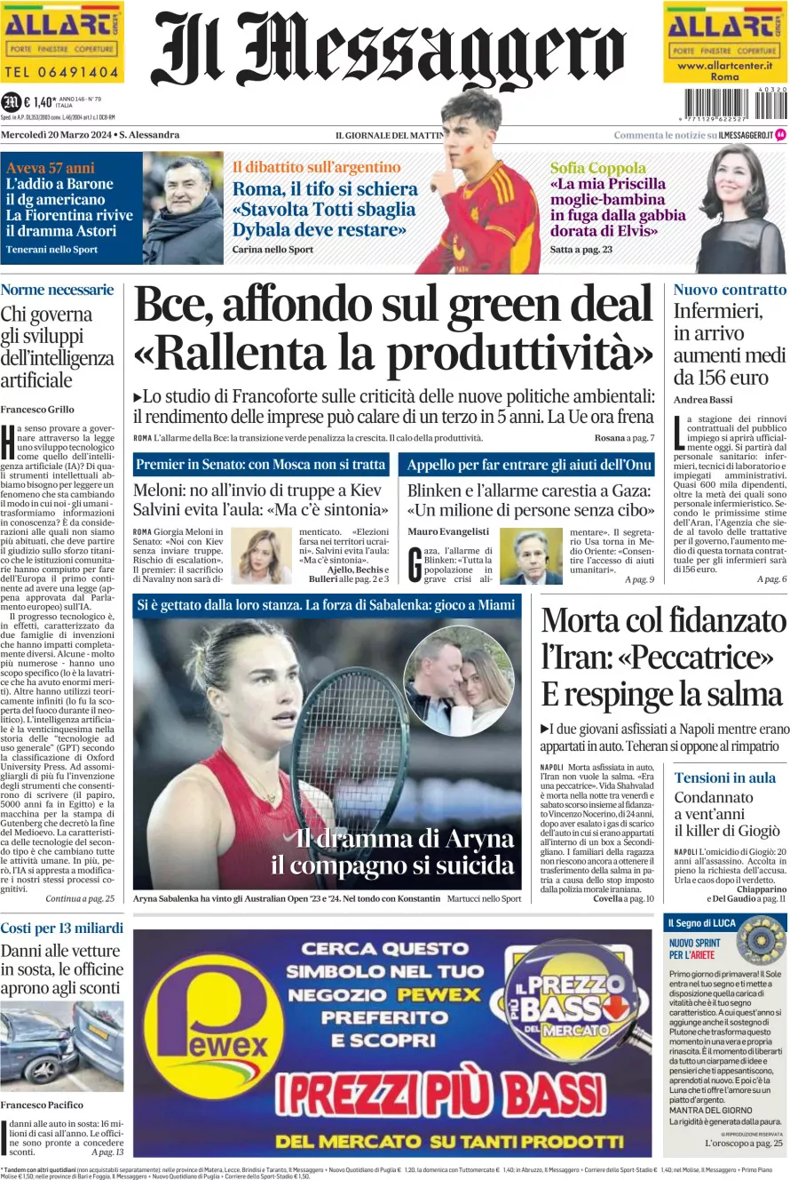 Prima-pagina-il-messaggero-edizione-di-oggi-20-03-2024