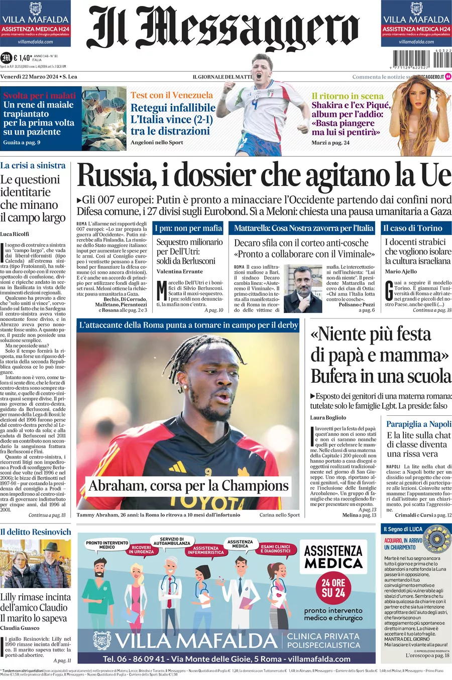 Prima-pagina-il-messaggero-edizione-di-oggi-22-03-2024