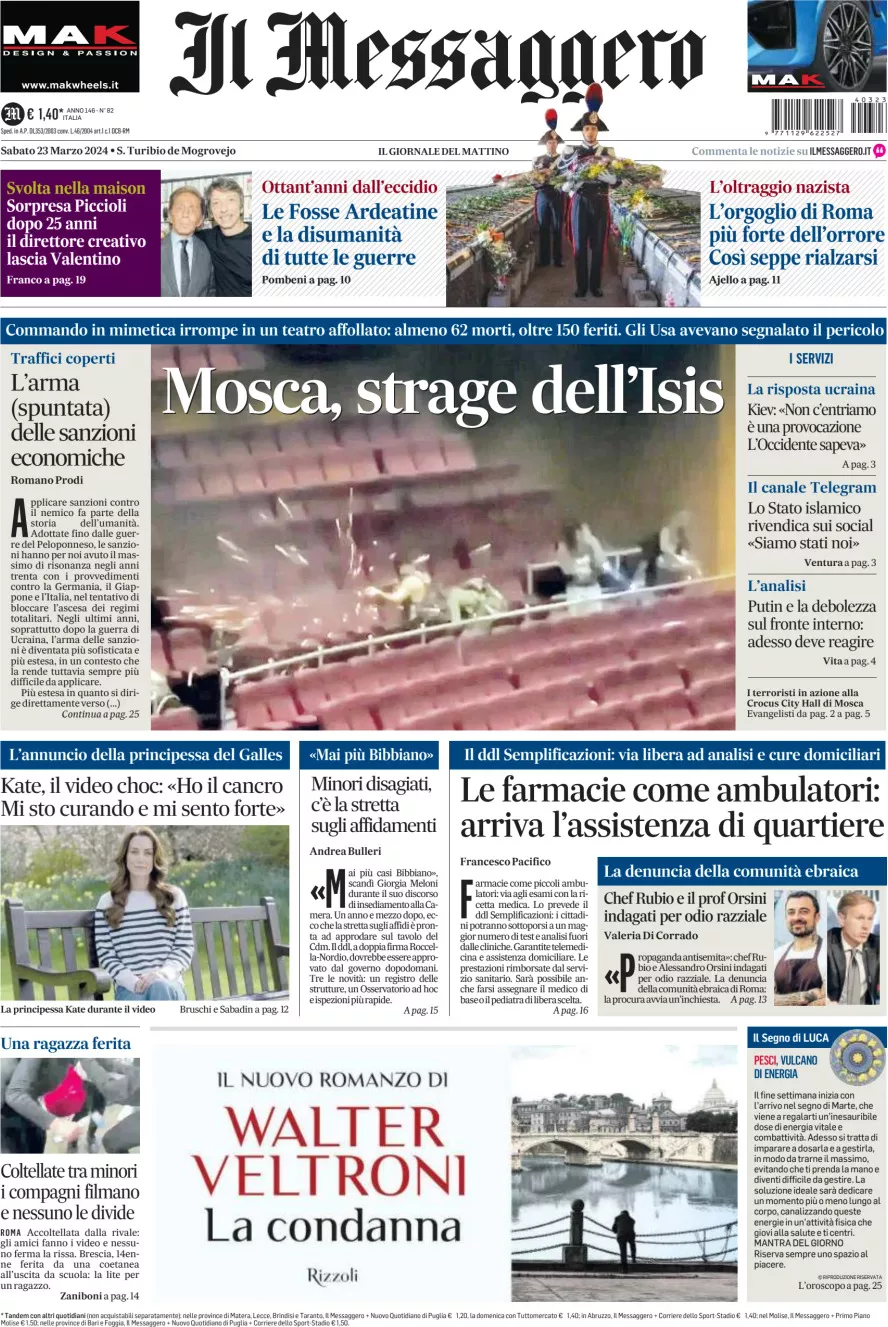 Prima-pagina-il-messaggero-edizione-di-oggi-23-03-2024