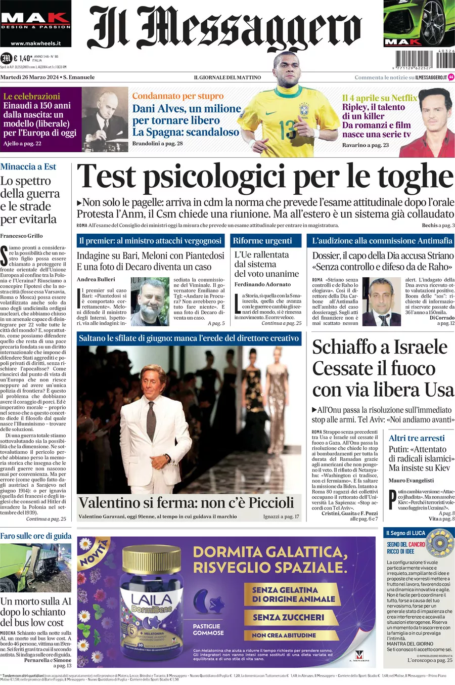 Prima-pagina-il-messaggero-edizione-di-oggi-26-03-2024