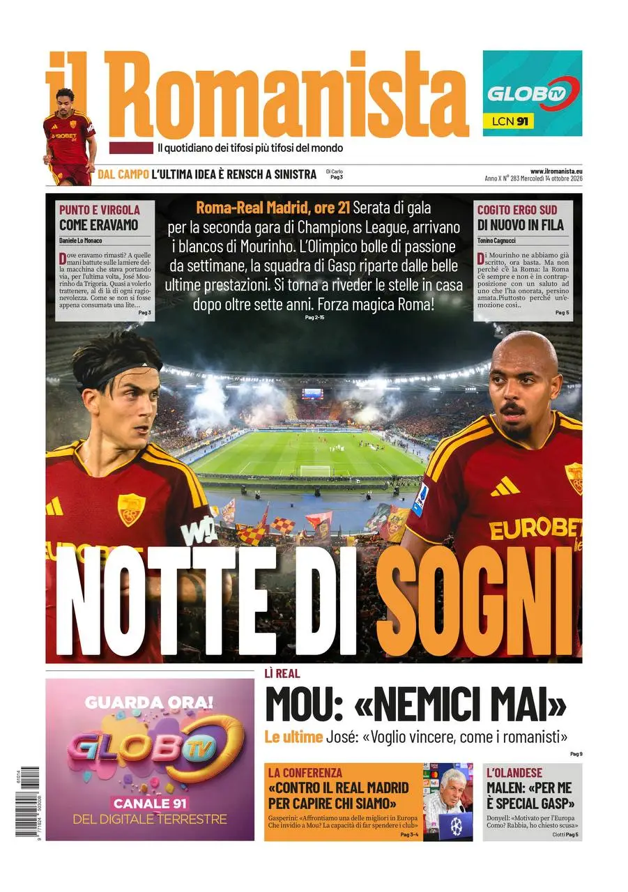 Prima-pagina-Il-Romanista-edizione-di-oggi-14-10-2026