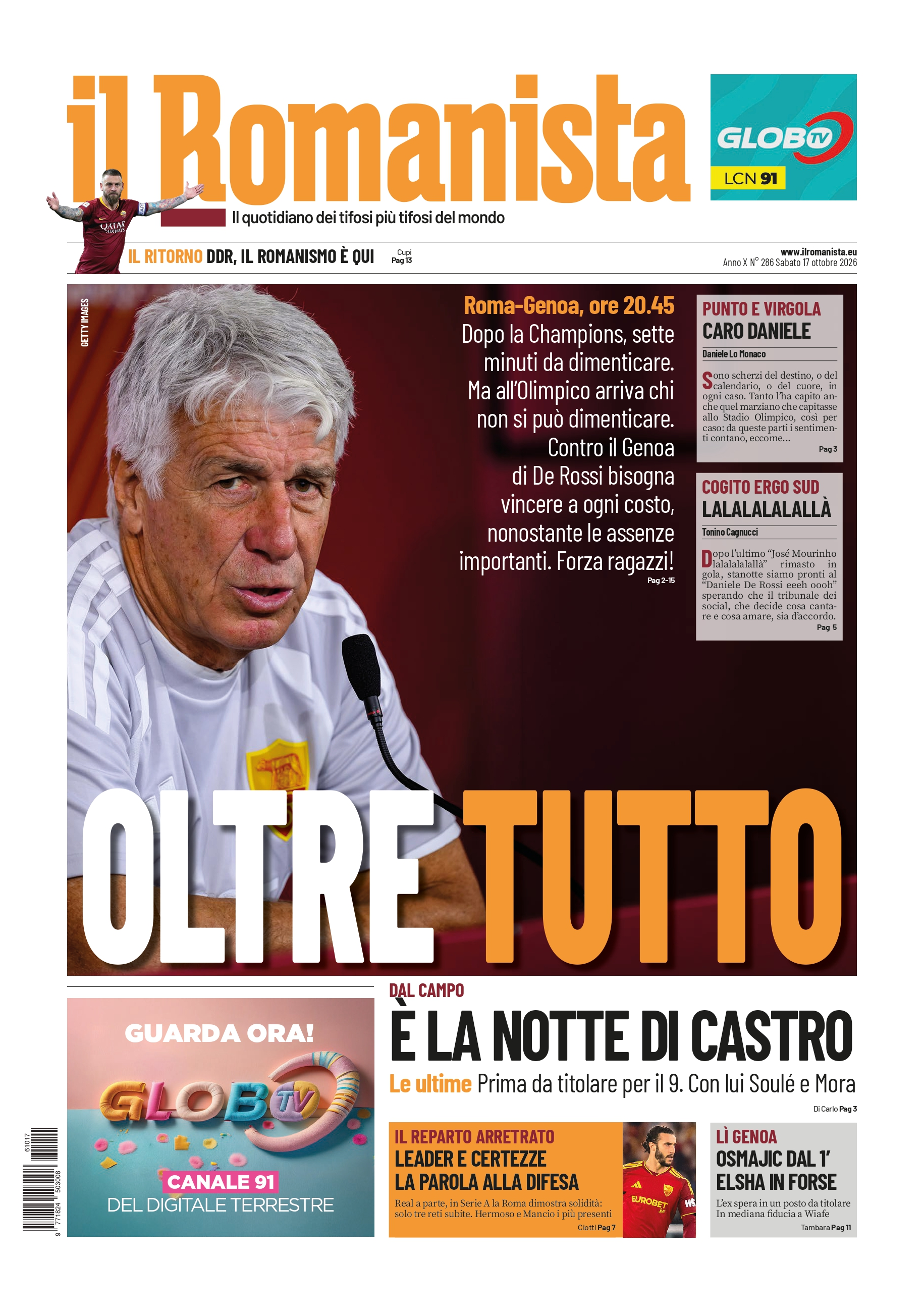 Prima-pagina-Il-Romanista-edizione-di-oggi-17-10-2026