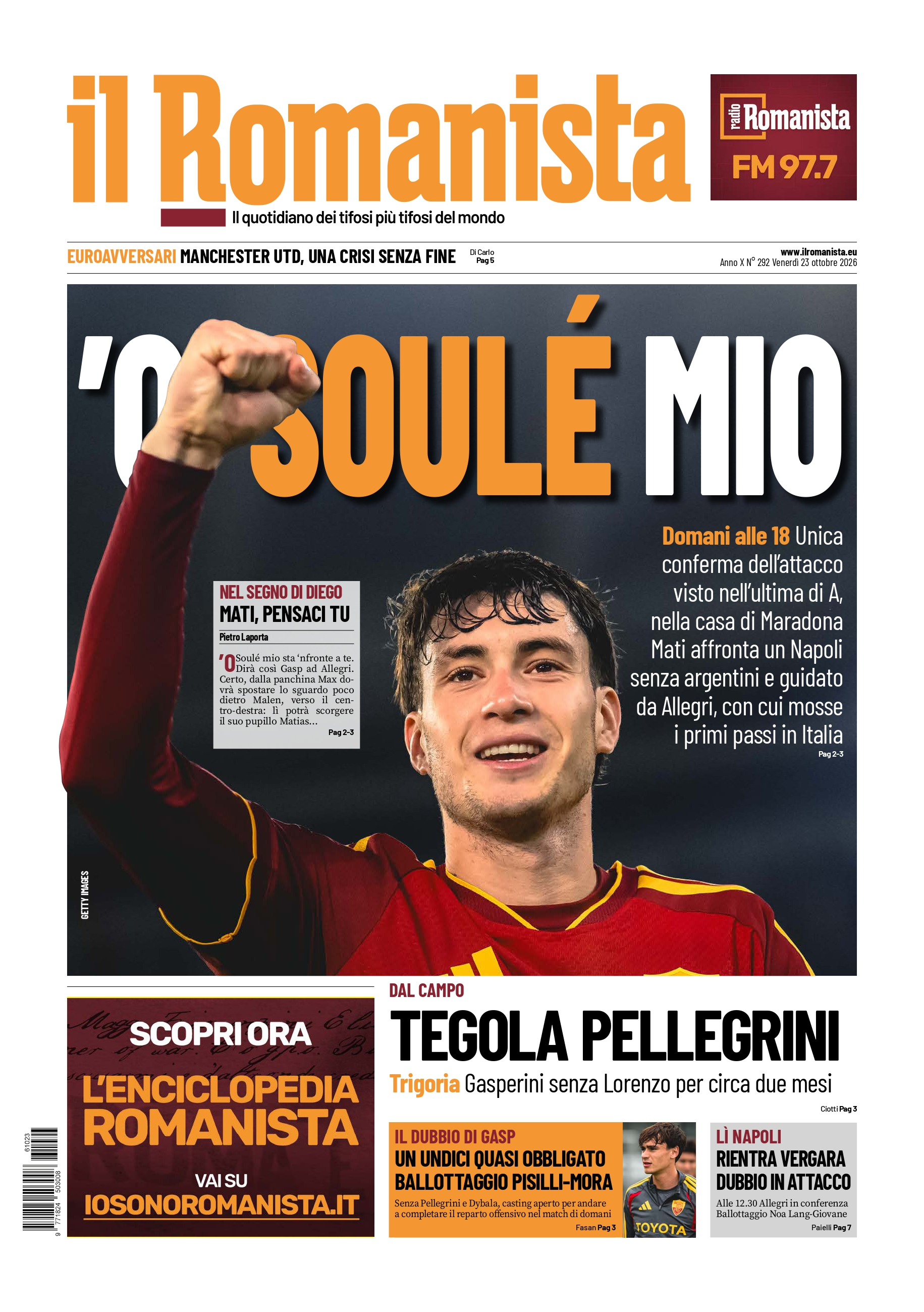 Prima-pagina-Il-Romanista-edizione-di-oggi-23-10-2026