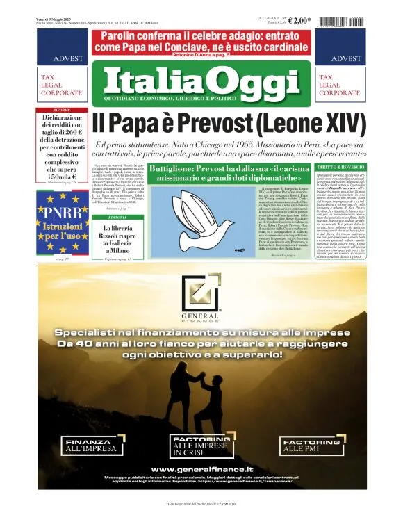 Prima-pagina-italia-oggi-edizione-del-2025-05-09
