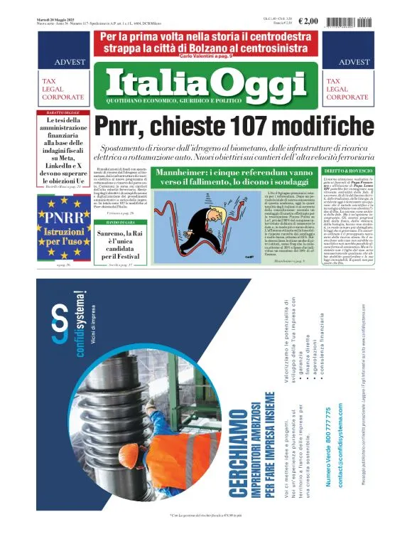Prima-pagina-italia-oggi-edizione-del-2025-05-20
