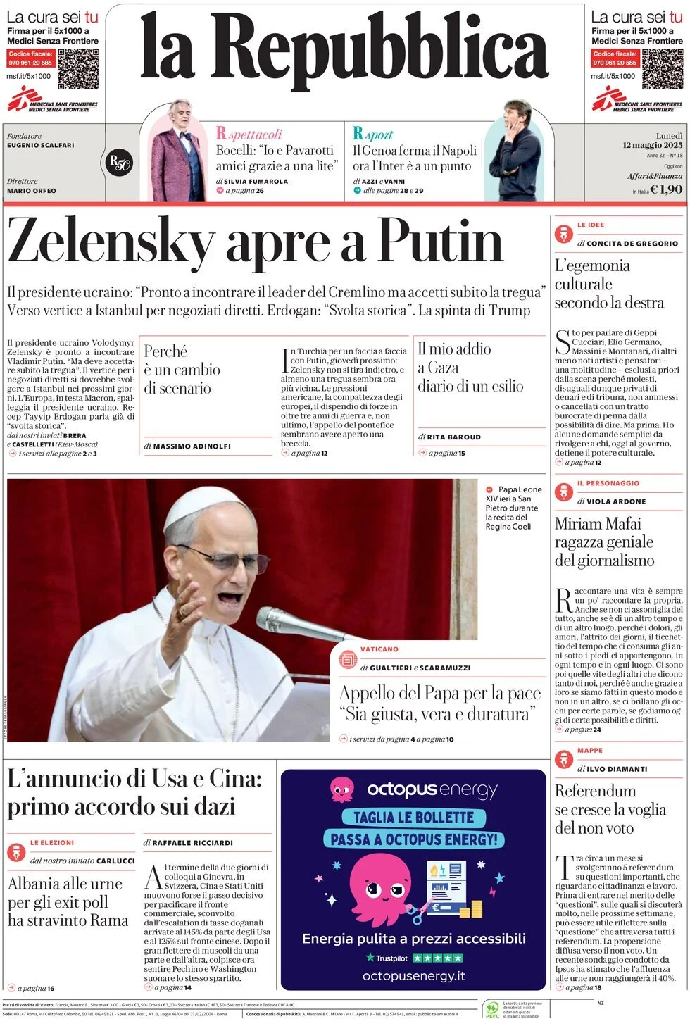 Prima-pagina-la-repubblica-edizione-di-oggi-12-05-2025
