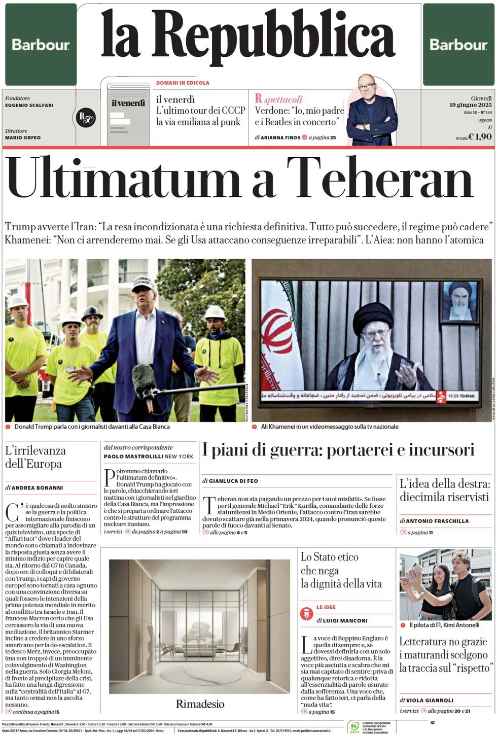 Prima-pagina-la-repubblica-edizione-di-oggi-19-06-2025