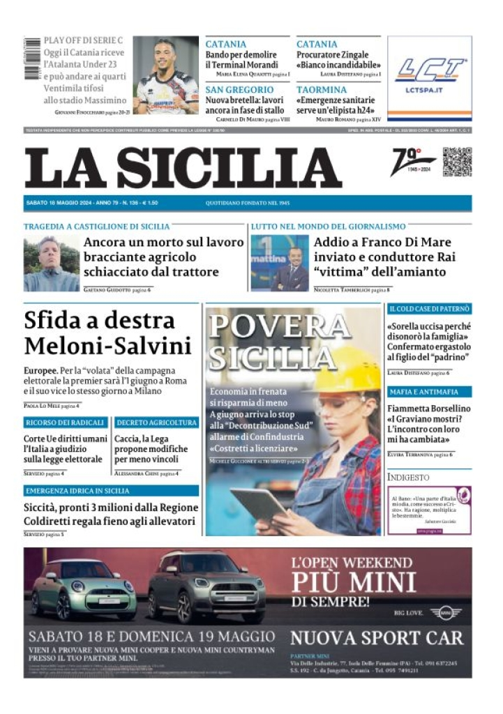 Prima-pagina-la-sicilia-edizione-palermo-di-oggi-18-05-2024