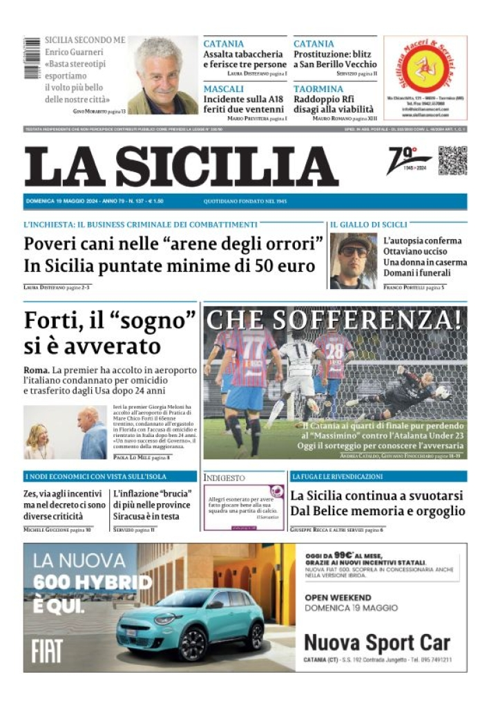 Prima-pagina-la-sicilia-edizione-palermo-di-oggi-19-05-2024