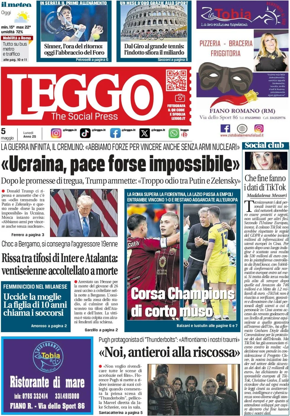 Prima-pagina-leggo-edizione-di-oggi-05-05-2025