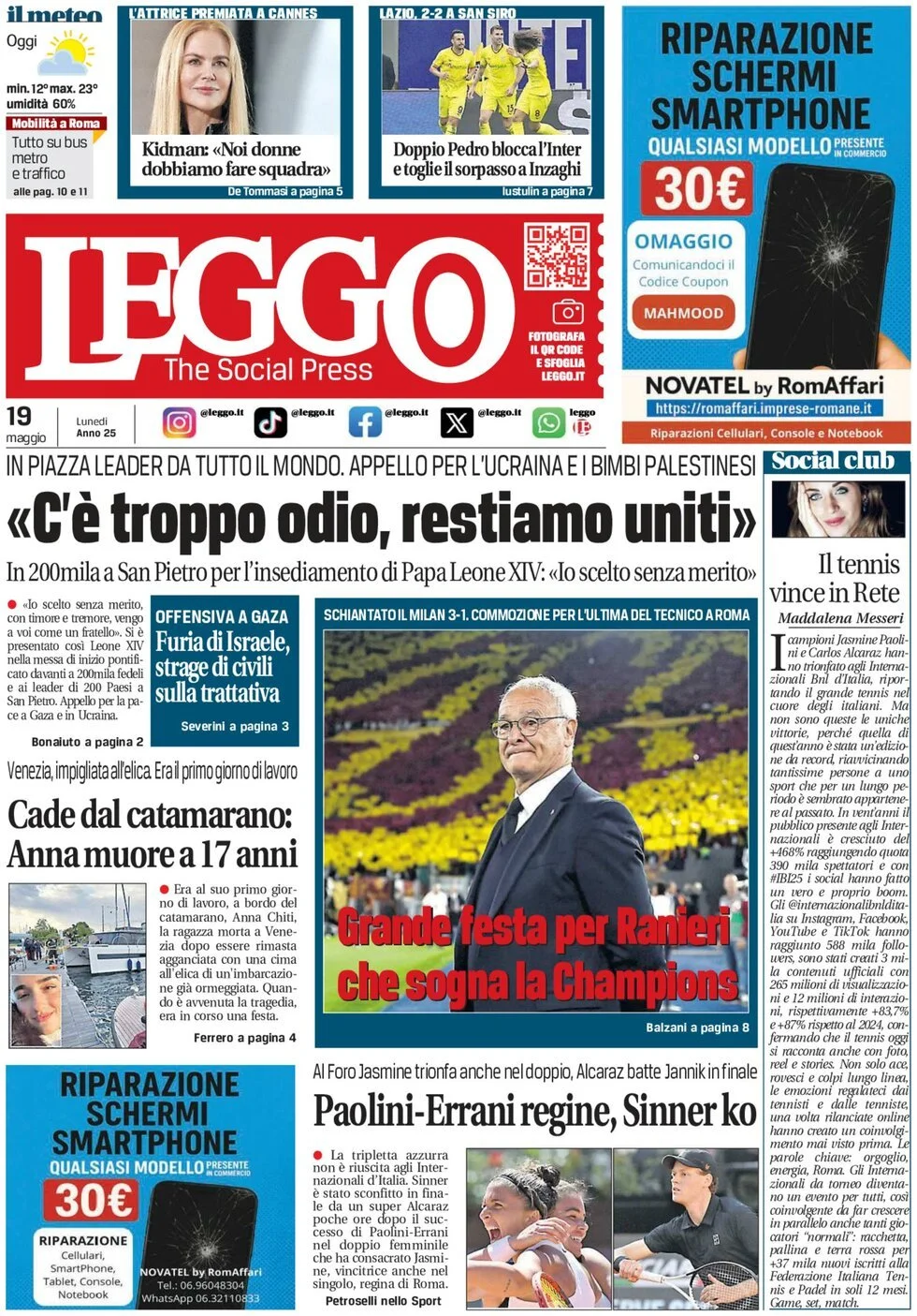 Prima-pagina-leggo-edizione-di-oggi-19-05-2025